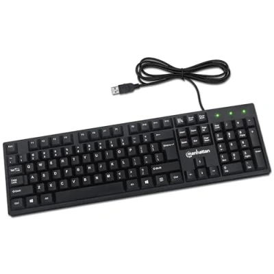 Afbeelding van Manhattan Bedraad computertoetsenbord Basic zwart toetsenbord met 1,4 m USB A kabel, 104 toetsen, opvouwbare standaarden compatibel voor Windows, PC, laptop 3 jaar Mfg garantie 179324