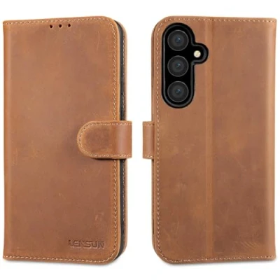 Afbeelding van LENSUN beschermhoes voor Samsung Galaxy S24 FE, van echt leer, portefeuille, [RFID], met kaartvakken en schokbestendig, bescherming FE 5G, retro bruin