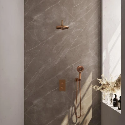 Afbeelding van Brauer Copper Edition Regendoucheset inbouw hoofddouche 20cm gladde knop handdouche Rond 3 standen PVD geborsteld koper Minimalistisch