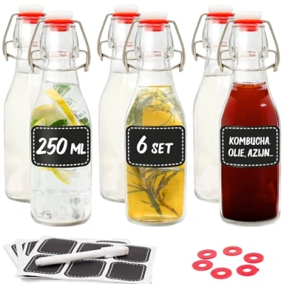 Afbeelding van 6 glazen flessen met beugelsluiting 250 ml extra afdichtingen incl. 12 etiketten pen