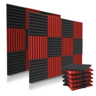 Afbeelding van Akoestische panelen van 52 stuks 30,5 x 30,0 cm akoestisch schuim wiggen studioschuim met hoge dichtheid geluiddichte zwart/rood