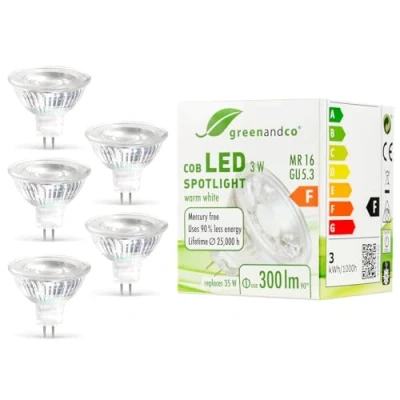 Afbeelding van 5x greenandco® LED spot vervangt 35 Watt MR16 GU5.3 halogeenspot, 3W 300 lumen 2700K warm wit 38 12V AC/DC, niet dimbaar