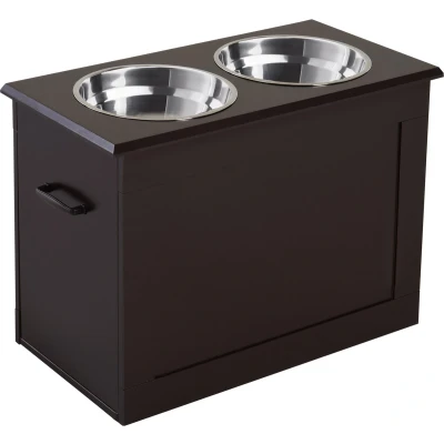 Afbeelding van PawHut hondenbak met opbergruimte 2 bakjes voerstation RVS bak kattenbak MDF espresso 60 x 30 41 cm