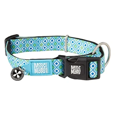 Afbeelding van Max &amp; Molly Fashion Smart ID hondenhalsband, zacht gevoerd neopreen, anti vervaging, verstelbare maat, QR tag, wasbaar voor kleine en middelgrote honden, (halsmaat 11 18 inch) retro blauw