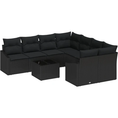Afbeelding van vidaXL Tuinbank Set van 9 Zwart Rattan, Polyester Kussens