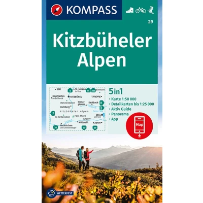 Afbeelding van 29 kitzbuheler alpen: 5in1 Wanderkarte mit Aktiv Guide, Detailkarten und Panorama inklusive Karte zur offline Verwendung in der KOMPASS App. Fahrradfahren. Skitouren.