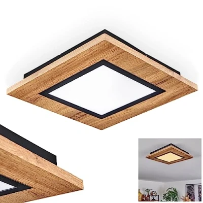 Afbeelding van LED plafondlamp Salmi, van metaal/MDF/kunststof in zwart/houtlook/bruin/wit, hoekig licht (30 cm x 30 cm), 1200 lumen, 3000 K, 12 Watt