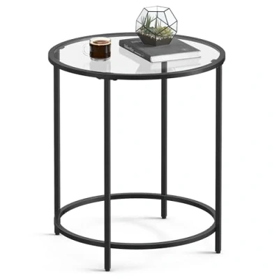 Afbeelding van VASAGLE Ronde bijzettafel, kleine salontafel, gehard glazen eindtafel met stalen frame, nachtkastje, woonkamer, balkon, zwart LGT020B01