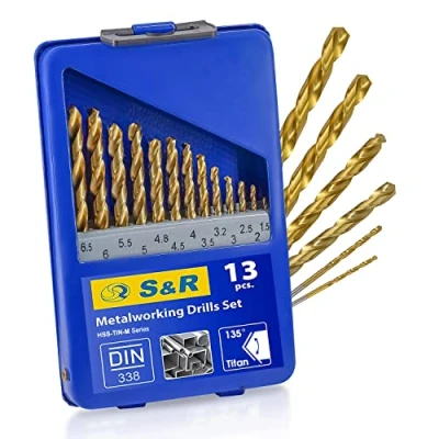 Afbeelding van S &amp; R metaalboorset 1,5 6,5 mm 13 stuks, 135, DIN 338, geslepen, HSS TITANIUM, nitriet titanium coating, metalen box, professionele kwaliteit