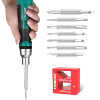 Afbeelding van HYCHIKA Ratelschroevendraaier 16 in 1 multi bit schroevendraaier, ratel schroevendraaier set all one met kruiskoppen, sleuf, torx, vierkant, zeskantbit en dubbele moer driver