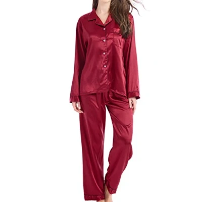 Afbeelding van Pyjama voor dames, satijn, lang, nachtkleding, loungewear, Bourgondië met zwarte bies, L