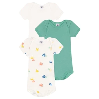 Afbeelding van Petit Bateau Setje met 3 bedrukte katoenen rompertjes korte mouw voor baby&#039;s Unisex Rompertje Wit;Multico;Groen;Wit