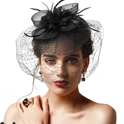 Afbeelding van DRESHOW Fascinator hoeden voor vrouwen Pillendoos hoed met sluier hoofdband en een gevorkte clip Thee Feest hoofddeksels