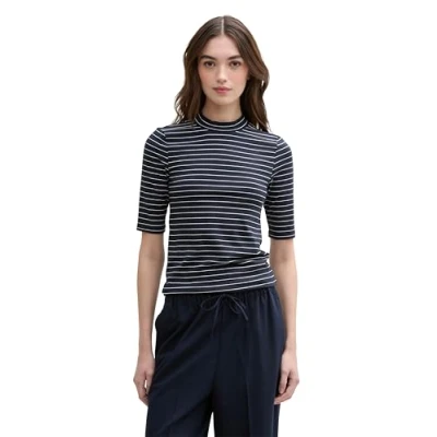 Afbeelding van TOM Tailor Denim MOCK NECK Stripe Tshirt print navy/white, Dames, Maat: Medium, Navy/white
