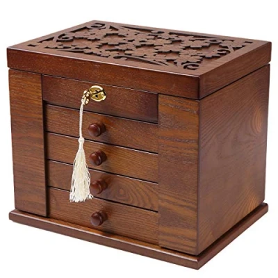 Afbeelding van Changsuo Houten sieradendoos voor vrouwen, organizerdoos van massief hout met combinatieslot sieraden, horloges, ketting, ring, opbergdoos (donkerbruin), groot