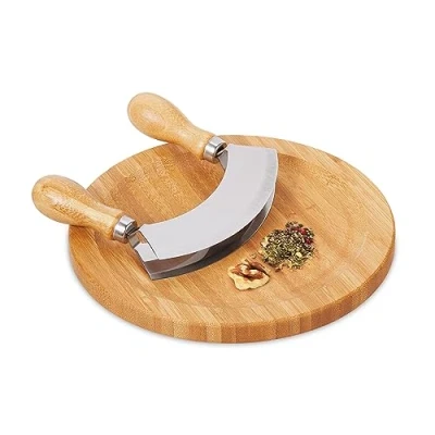 Afbeelding van Relaxdays wiegemes met plank bamboe rvs kruidenplank snijplank kruidenmes