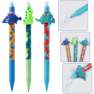 Afbeelding van Bewerkbare Pen Dino, automatische gelpen met gum, blauwe inkt, uitwisbaar, schoolpen 0,7 mm