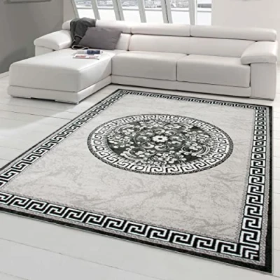 Afbeelding van Teppich Traum Oosters tapijt met glittergaren, rand en versieringen in cirkelvorm, grijs, antraciet, crème, 240 x 340 cm
