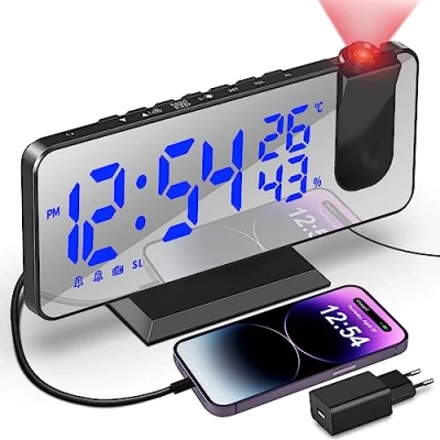 Afbeelding van Projectiewekker, Radiowekker met USB Aansluiting, Digitale Wekker Projectie, Dubbel Alarm, 12/24 uur, LED Display, 180 Projector, 4 Projectihelderheid voor Slaapkamer en Kantoor
