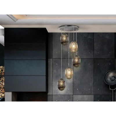Afbeelding van Schuller Lighting Ovila Modern Cluster Drop 5 Licht LED Hanglamp, Oval Brandy &amp; Smoke Grey Shades