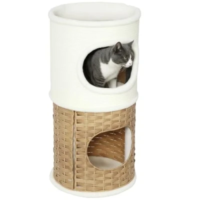 Afbeelding van PawHut Krabton 80 cm hoog, Ø 40 cm, 3 verdiepingen tellende kattenton met pluche rand, kattenhol, krabpaal voor middelgrote katten, crèmewit + bruin
