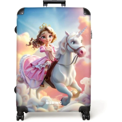 Afbeelding van NoBoringSuitcases.com® Koffer groot Reiskoffer lichtgewicht Prinses met roze jurk op witte eenhoorn Rolkoffer 4 wielen Grote trolley XL 98 liter bagage