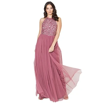 Afbeelding van Maya Deluxe Vrouwen Dames Bruidsmeisje Maxi Jurk Halter Hals Pailletten Versierd Prom Graduation Wedding, Woestijnroos, 34