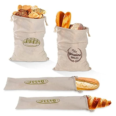 Afbeelding van 4 stuks linnen zakken, broodzakken, broodopbergzakken, stoffen linnen, herbruikbaar, met trekkoord, zakken voor brood, baguettes, zelfgebakken brood en andere levensmiddelen