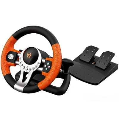 Afbeelding van KROM K Driver multiplatform stuurwiel en pedalen set, versnellingspook peddels op het stuur, vibratie effect, compatibele pc, PS3, PS4 Xbox, zwart/oranje