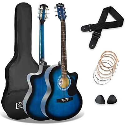 Afbeelding van 3rd Avenue 4/4 formaat cutaway akoestische gitaarpakket voor beginners, tas, plectrums en reservesnaren blauw