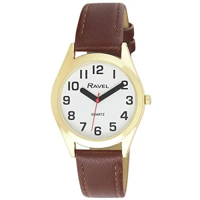 Afbeelding van Ravel Uniseks super gewaagd zicht hulp horloge met grote getallen (36mm) bruin/goudkleurige/witte wijzerplaat