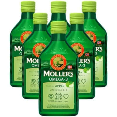Afbeelding van Möller’s Omega 3 Levertraan appel 6 x 250ml visolie vloeibaar met smaak van