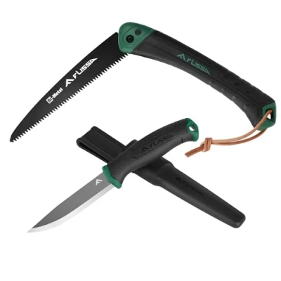 Afbeelding van FLISSA Outdoormes &amp; Handzaag Set, Jachtmes met Vast Lemmet en Schede, Klapzaag Vouwzaag Takzaag veiligheidssluiting, Zaagbladlengte 18 cm, voor Camping, Tuin, Bomen Jacht