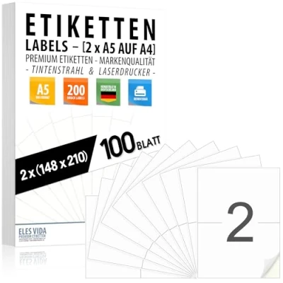 Afbeelding van Zelfklevende DIN A5 etiketten 210 x 148 mm, 100 vellen (200 labels) 2 per A4 vel, matte witte oppervlakte, bedrukbaar met inkjet en laserprinters, stickers voor diverse toepassingen MADE IN GERMANY