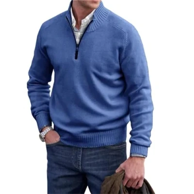 Afbeelding van heren kasjmier rits basic trui, kwart gebreide ronde hals trui (blauw, XL), Blauw