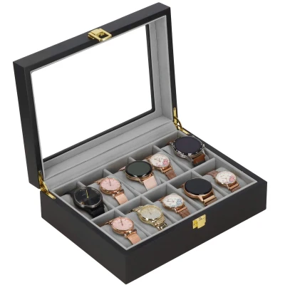 Afbeelding van Springos Horlogedoos Horlogebox Horlogeopberger Klikgesp Zwart Grijs 10 Horloges 26,5 x 20 8 cm