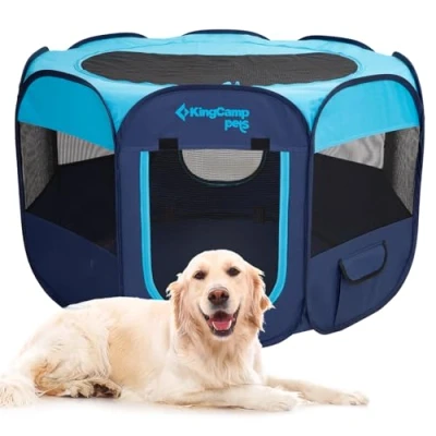 Afbeelding van KingCamp Opvouwbare hondenbox, draagbare huisdierbox met ademend gaas, lichtgewicht pop up hond kat box, hondenpen huisdierkooi draagtas voor puppy kitten konijn binnen buiten, blauw L