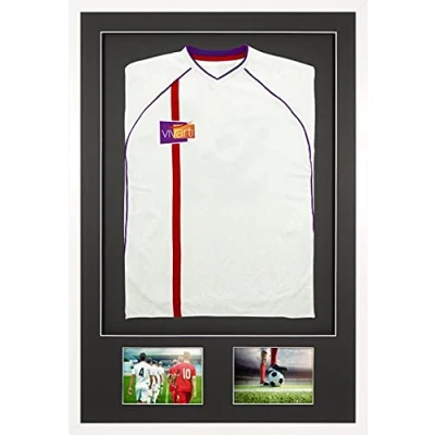 Afbeelding van Vivarti DIY Volwassen 3D Gemonteerd + Dubbel Diafragma Sport Shirt Display Frame voor Voetbalshirt, Rugby Shirt, Band Shadow Box 61 x 91,5 cm Glanzend Wit Frame, Zwarte Mount, Backing