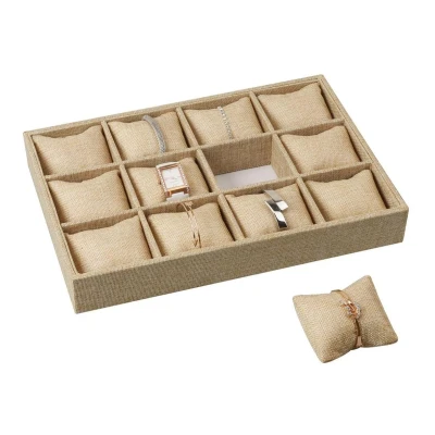 Afbeelding van Fliex Sieradendoos linnen beige Armbanden display horlogedoos Jute 12 vakken kussens