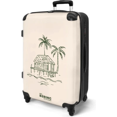 Afbeelding van NoBoringSuitcases.com® Koffer groot Rolkoffer lichtgewicht Beige met groen strandhuis Reiskoffer 4 wielen Grote trolley XL 20 kg bagage