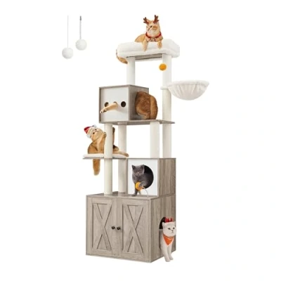 Afbeelding van FEANDREA Greige PCT116G01 krabpaal kattenboom met kattenbak 185 cm hoog platform wasbaar kussen grijsbeige