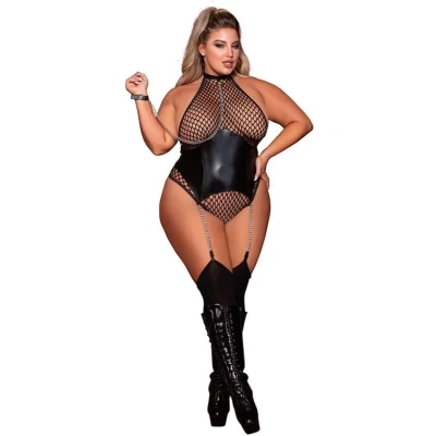 Afbeelding van Fishnet Teddy with Chain Leash Plus Size Black
