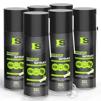 Afbeelding van 6 x 400ml Spraytive Power persluchtspuit / persluchtreiniger met 100mm spuitverlengstuk perslucht uit de spuitbus (Air Duster) voor het reinigen van toetsenbord, PC/computer, camera Made in Germany