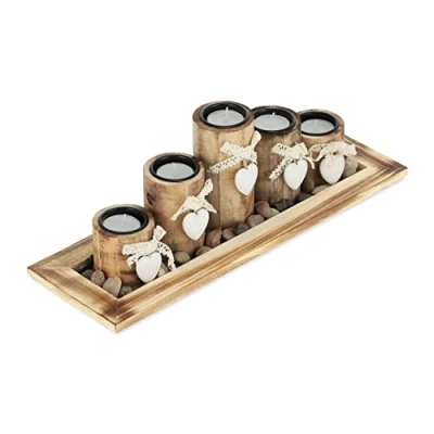 Afbeelding van Relaxdays waxinelichthouders, met schaal &amp; steentjes, 39,5 cm lang, 5 theelichthouders, tafeldecoratie woonkamer, bruin
