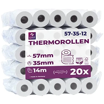 Afbeelding van Ec Cash Thermorollen 57 mm x 14 m 12 kassarollen thermisch papier bonrollen voor bankomat creditcardlezers met SEPA incassotekst (EC 35 meter LST 20 rollen)