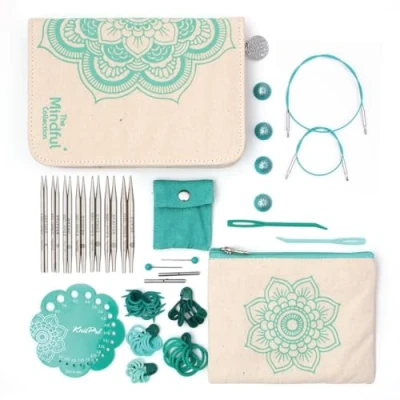Afbeelding van KnitPro The Mindful Collection Kindness Set verwisselbare roestvrij stalen naalden 10 cm, blauwgroen &amp; ecru