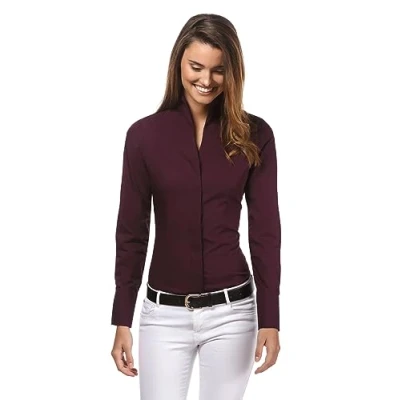 Afbeelding van Vincenzo Boretti Damesblouse met kelkkraag, licht getailleerd, 100% katoen, gemakkelijk te strijken, lange mouwen, hemdblouse opstaande kraag, elegant, feestelijk, ook voor zakelijk gebruik,