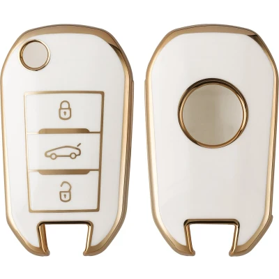 Afbeelding van kwmobile autosleutel hoesje geschikt voor Peugeot Citroen 3 knops inklapbarep hoes TPU behuizing Beschermende auto sleutel case Sleuteletui in wit / goud