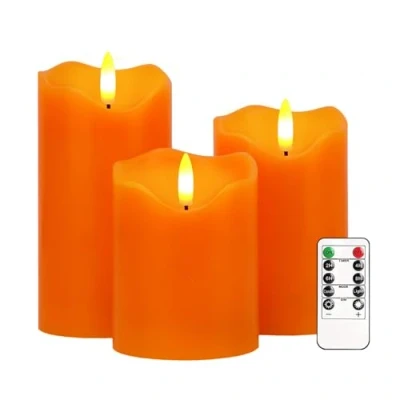 Afbeelding van AVEKI Flikkerende vlamloze kaarsen, oranje echte wax batterij aangedreven LED kaarsen met afstandsbediening timer &amp; helderheid functie, set van 3 pijler lichten decor voor festival bruiloft