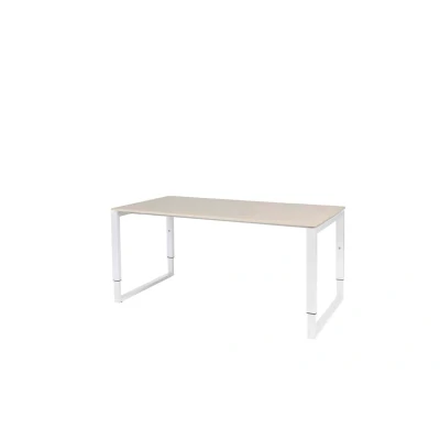 Afbeelding van Domino Plus bureau, hoogte instelbaar (62 85cm) met 160x80cm &#039;zwevend&#039; lindberg (licht) eiken 25mm blad en wit (RAL9010) O poot frame